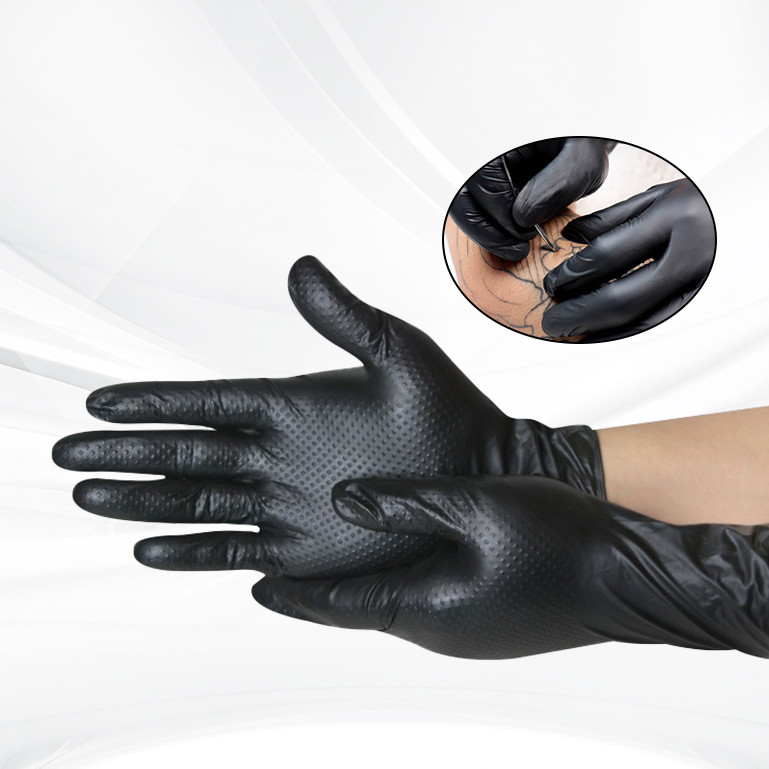 Schwarz-Orange-Diamant-Nitril-Handschuhe mit Textur Schwerlastfreies Pulverfreies Dicke Tagesverteidigungsarbeit Einweg-Nitril-Handschuhe