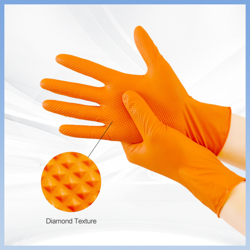 Orange-Diamant-förmige Nitrilhandschuhe Pulverfreie Verdickte tägliche Schutzarbeit Einwegnitrilhandschuhe